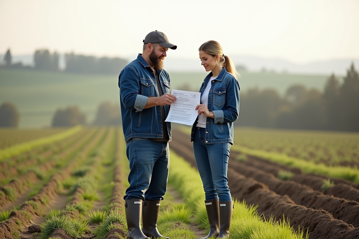 Homme et femme dans un champ cultivé examinent un document