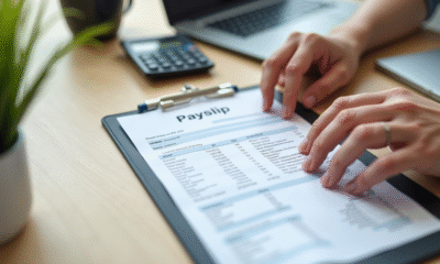 Fiche de paie et calculatrice sur un bureau lumineux