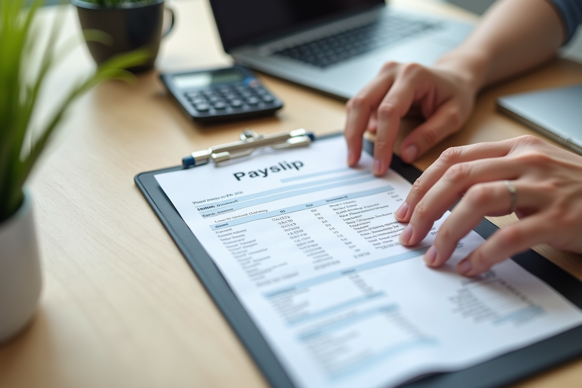 Fiche de paie et calculatrice sur un bureau lumineux
