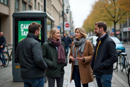 Groupe de personnes discutant près d'un arrêt de bus urbain
