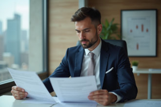 Homme d'affaires en costume bleu étudiant des contrats d'assurance