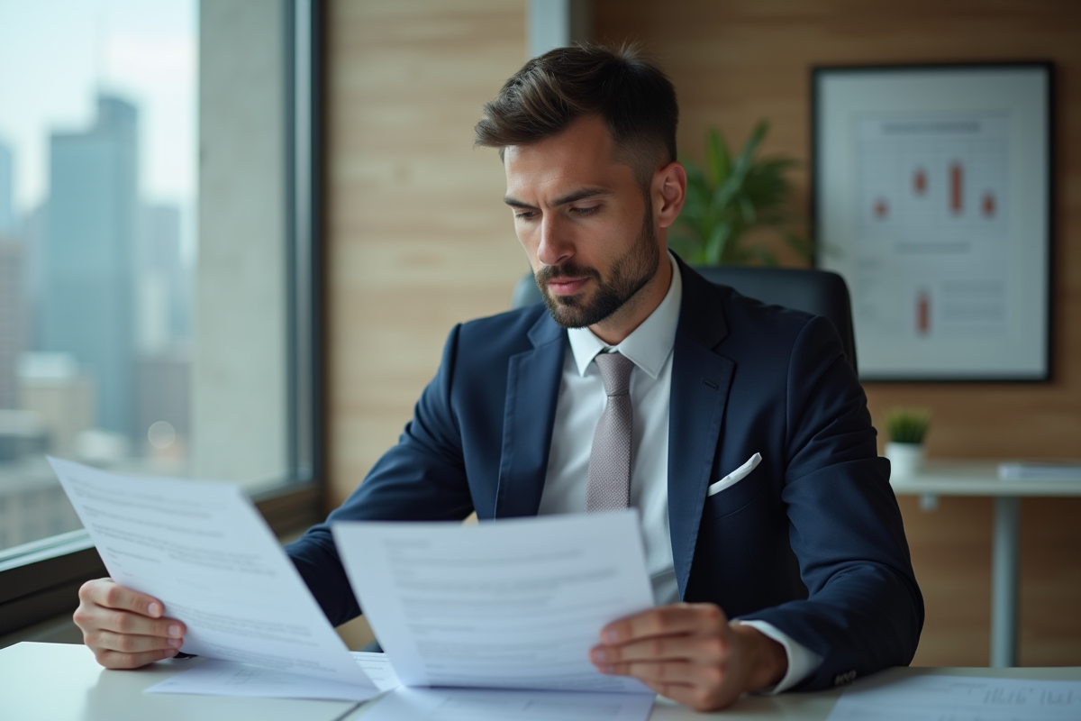 Homme d'affaires en costume bleu étudiant des contrats d'assurance