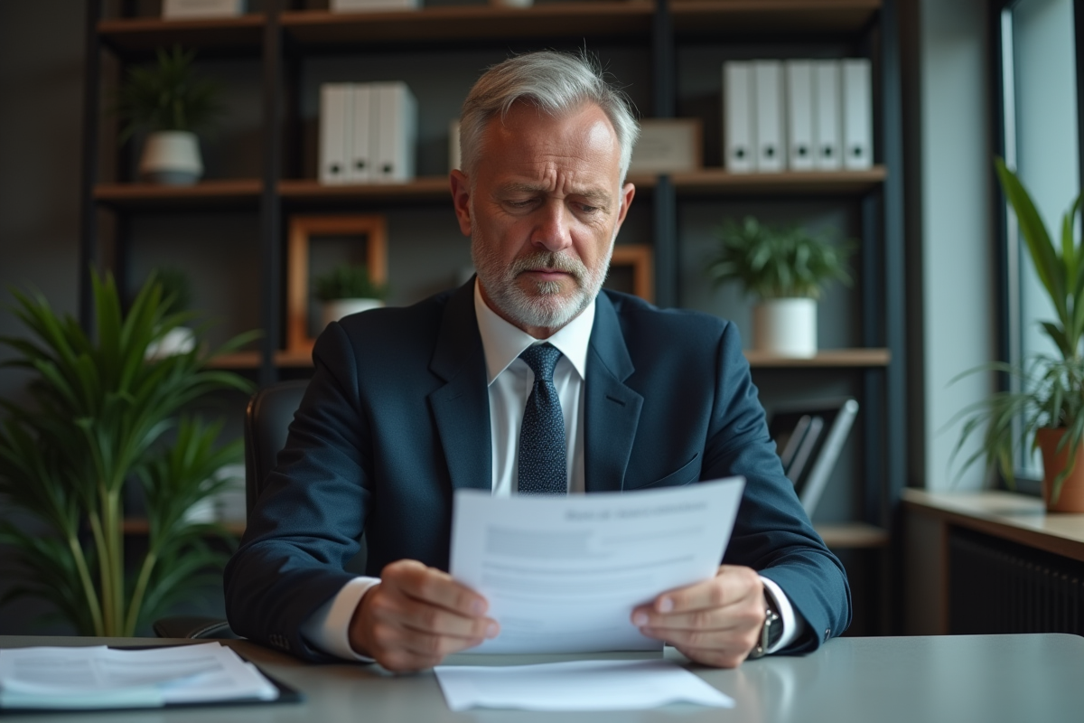 Homme d'affaires pensive examinant un document bancaire