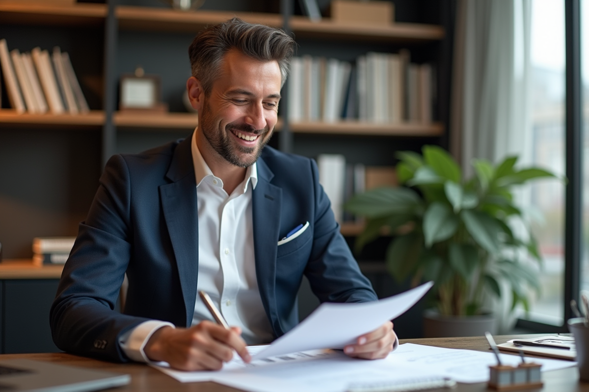 Homme en costume bleu examinant des documents immobiliers