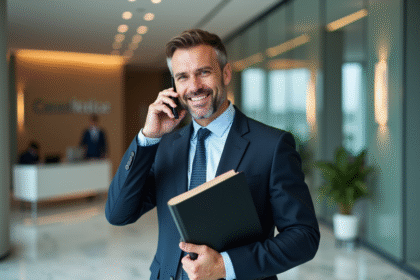 Homme d'affaires en costume dans un lobby moderne
