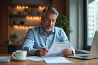 Homme d'affaires relisant un document financier à la maison