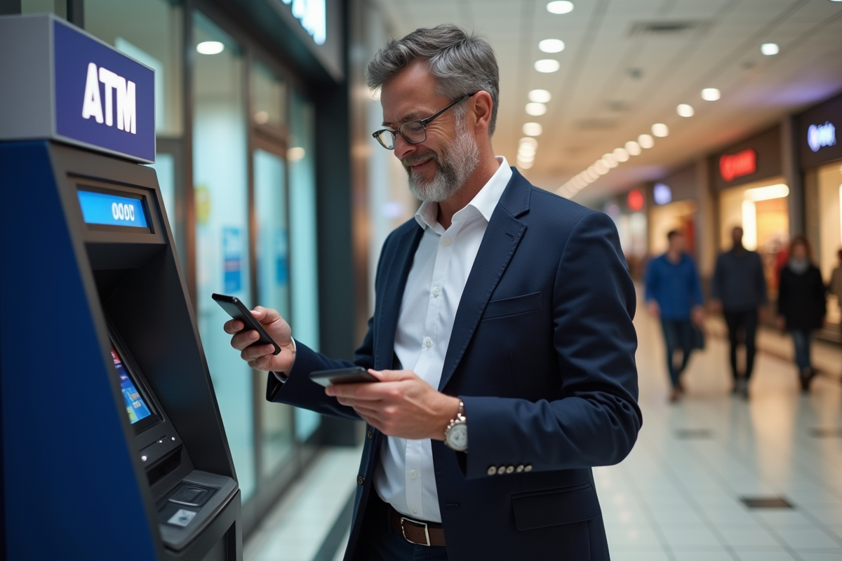 Homme utilisant son téléphone pour payer à un distributeur