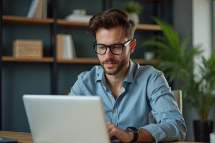 Jeune homme au bureau regardant un site financier sur son ordinateur