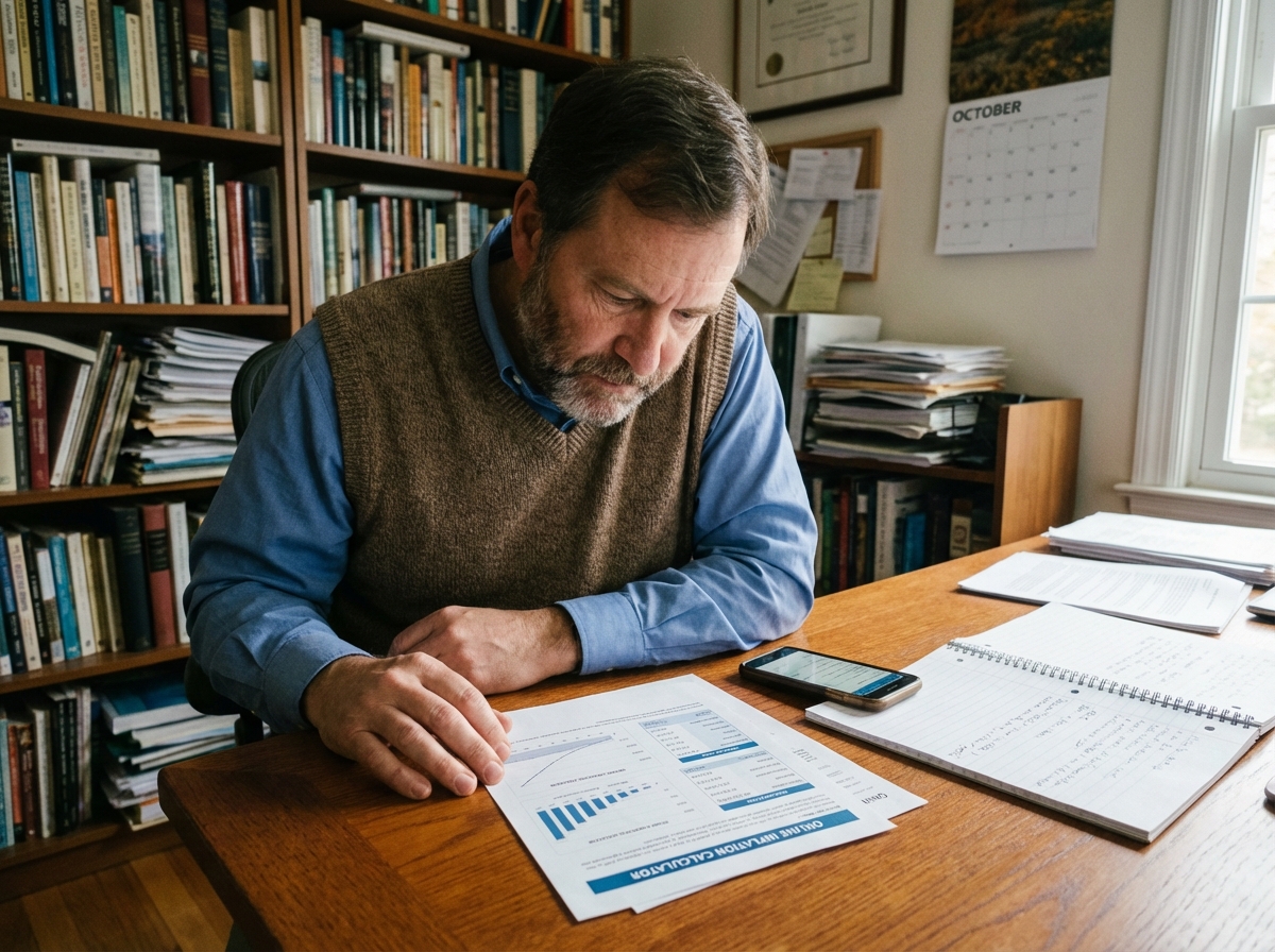 Homme analysant un calculateur d inflation avec smartphone et carnet dans un bureau à domicile