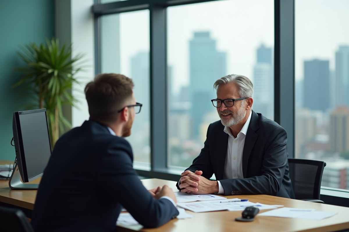 Homme en entretien avec conseiller bancaire en agence moderne