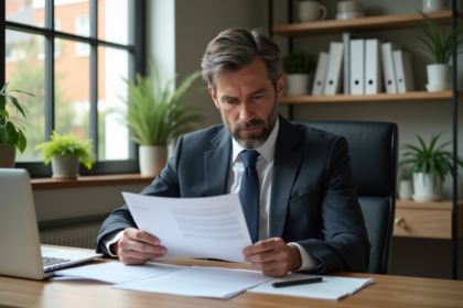 Homme d'affaires examinant des documents de prêt immobilier