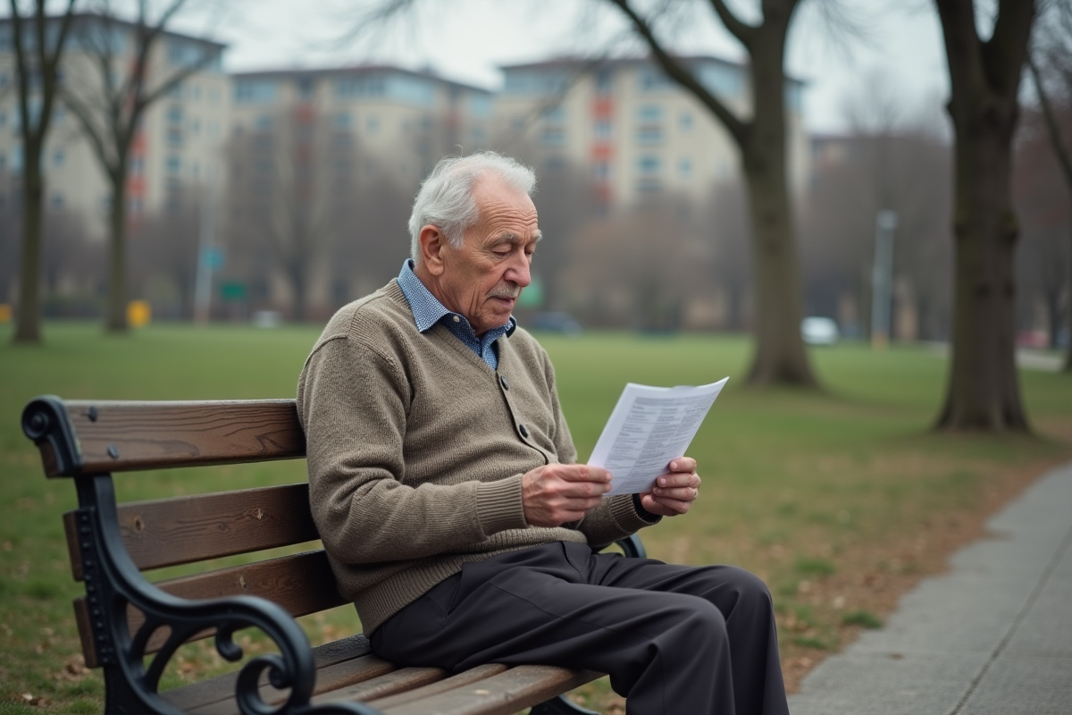 Homme âgé assis sur un banc dans un parc en ville