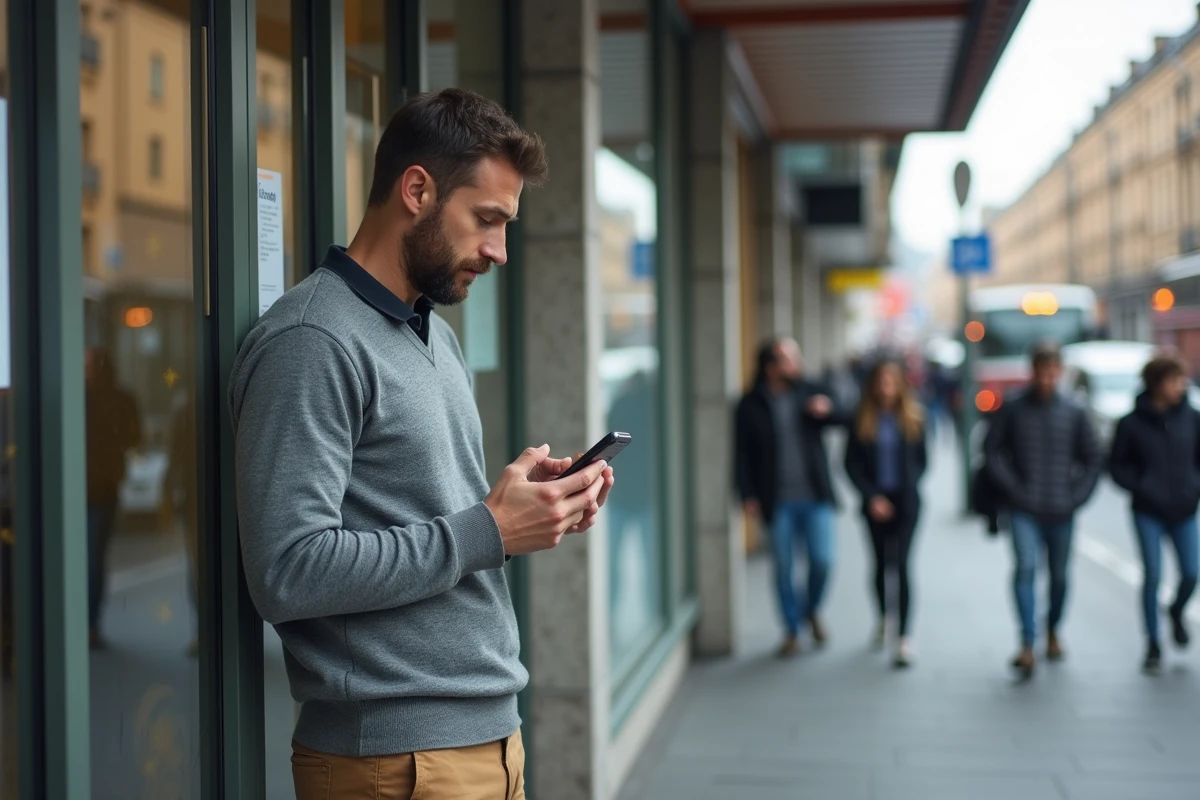 Homme vérifiant son smartphone devant un bureau emploi