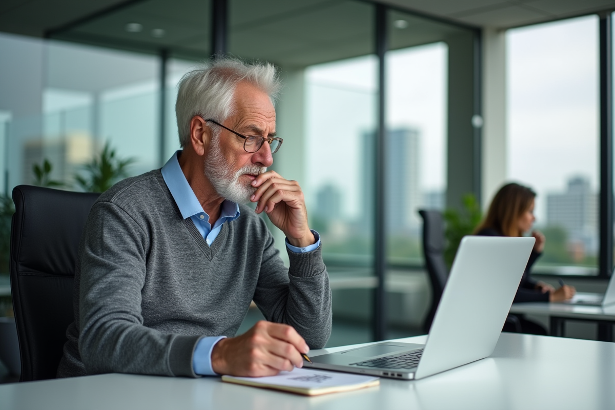 Homme âgé étudie une prévision de retraite au bureau