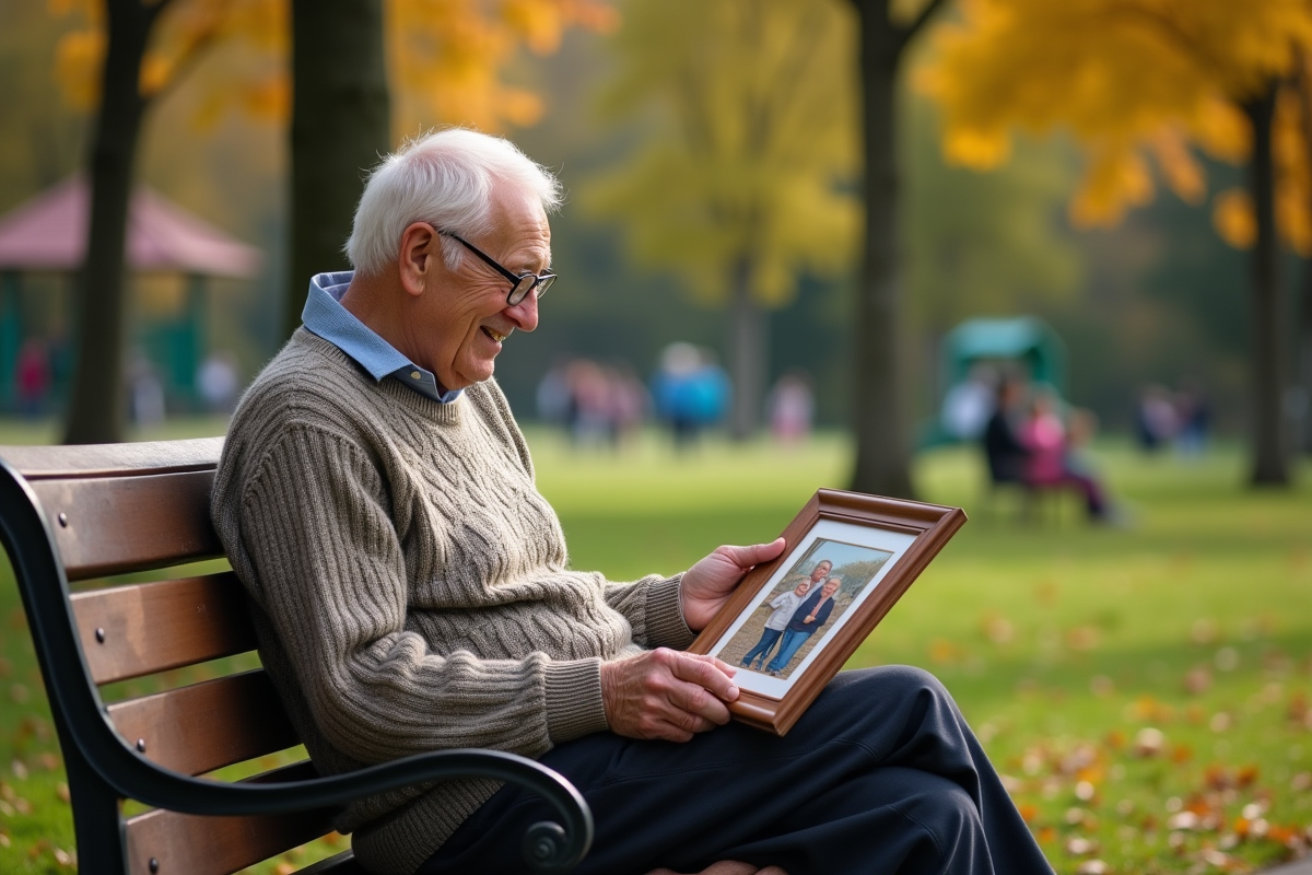 Homme âgé regardant une photo de famille dans un parc