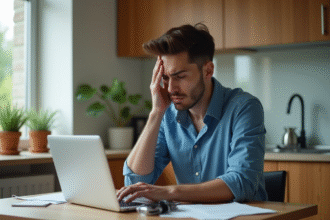 Homme inquiet avec smartphone dans une cuisine moderne
