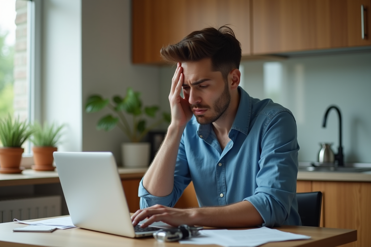 Homme inquiet avec smartphone dans une cuisine moderne