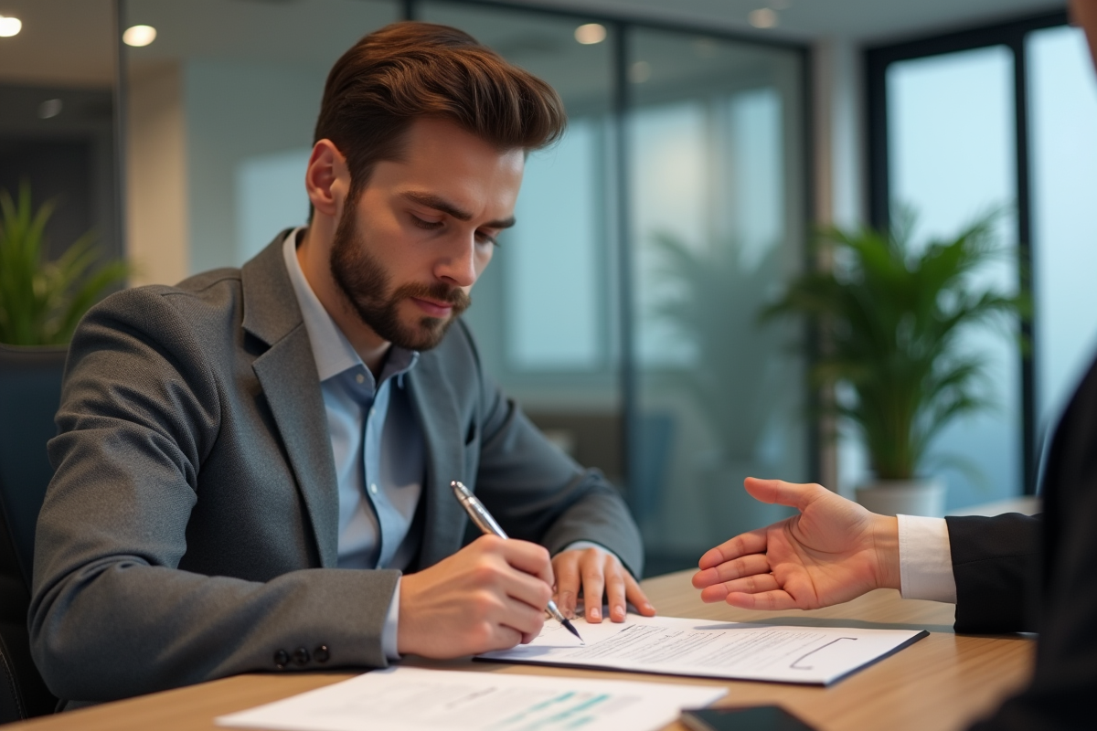 Jeune homme signant un formulaire de prêt bancaire