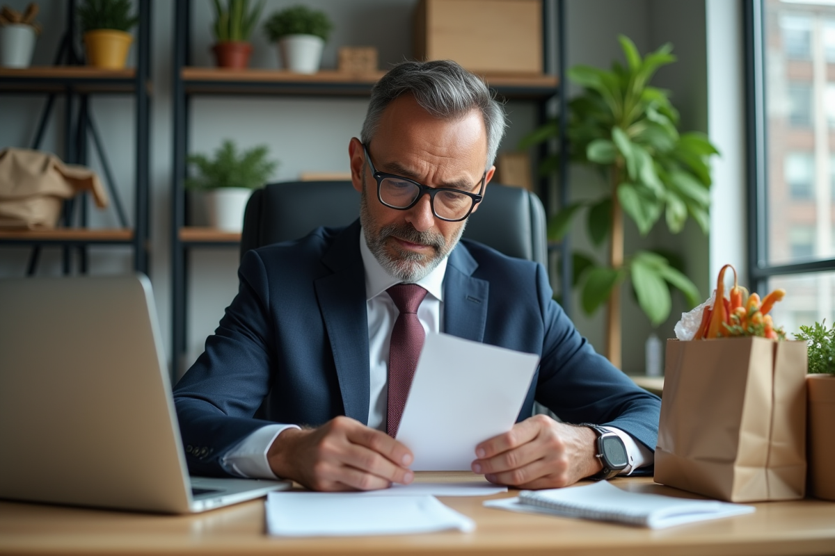 Homme d affaires vérifiant un reçu de courses au bureau