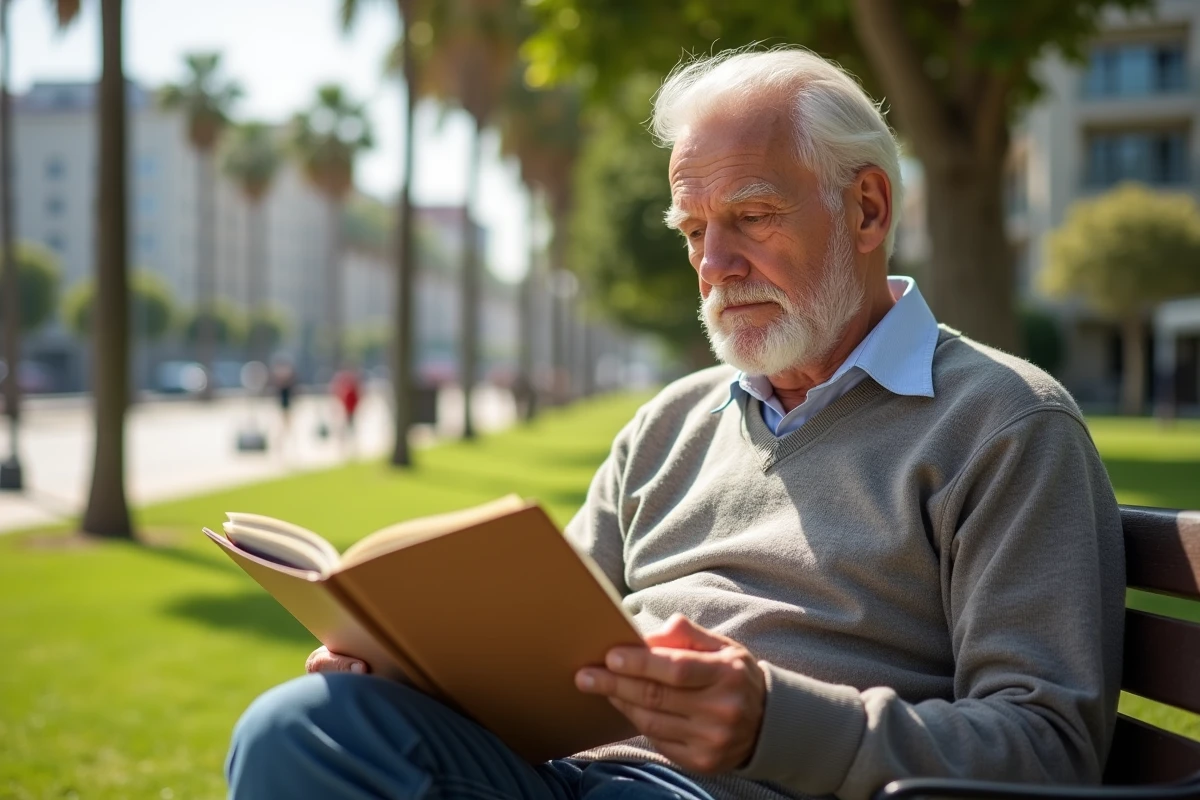 Homme senior lisant un dossier dans un parc ensoleille