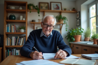 Homme senior en revue des documents dans sa cuisine