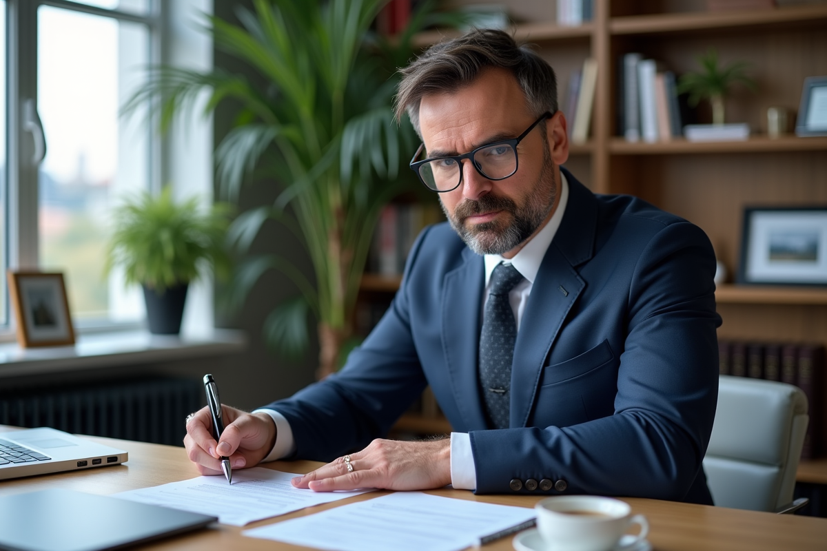 Homme en costume signant une déclaration dans un bureau moderne