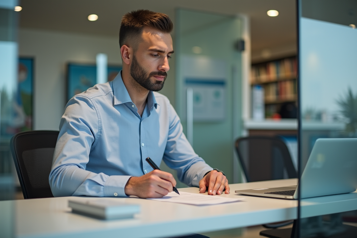 Homme en tenue décontractée signe des documents dans une agence bancaire