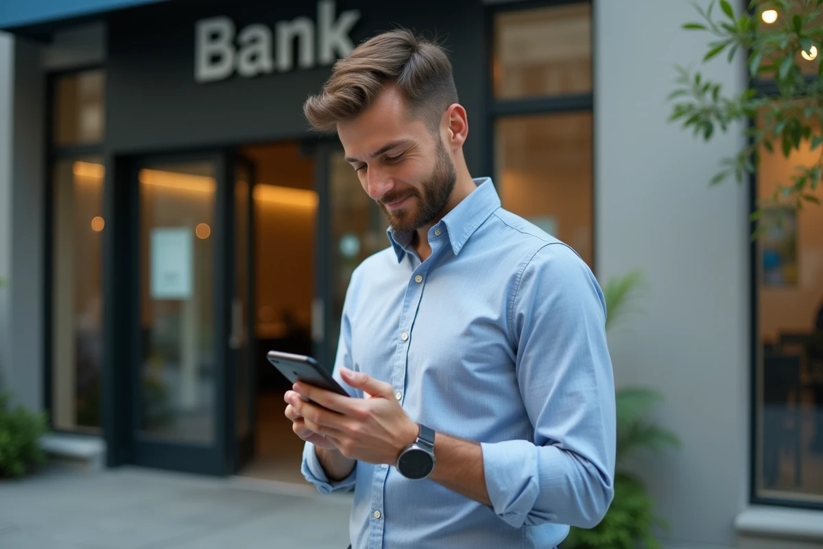 Homme regardant son smartphone devant une banque moderne
