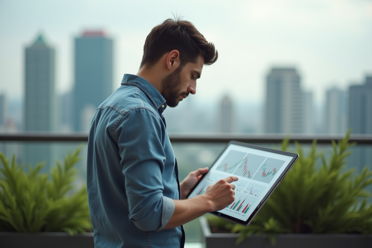 Jeune entrepreneur analyse des graphiques sur une tablette en ville
