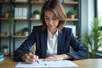 Jeune femme professionnelle calcule des chiffres au bureau