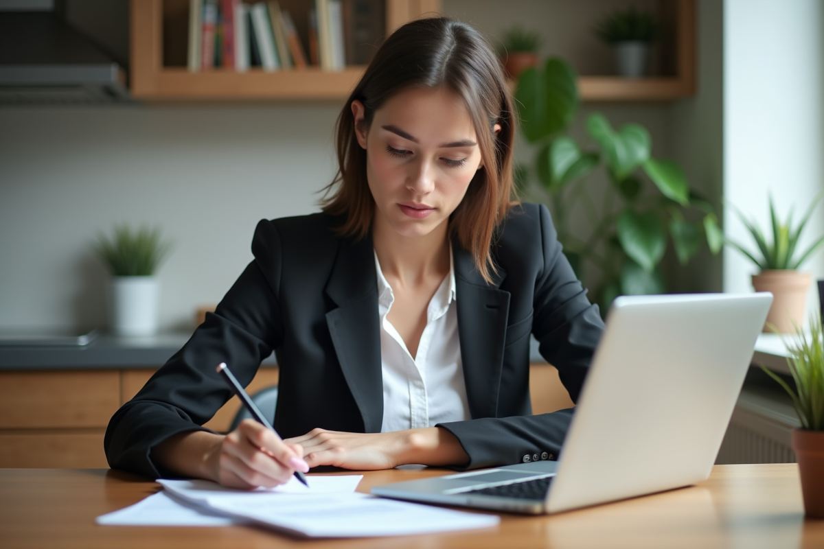 Jeune femme en tenue professionnelle examine un dossier de prêt