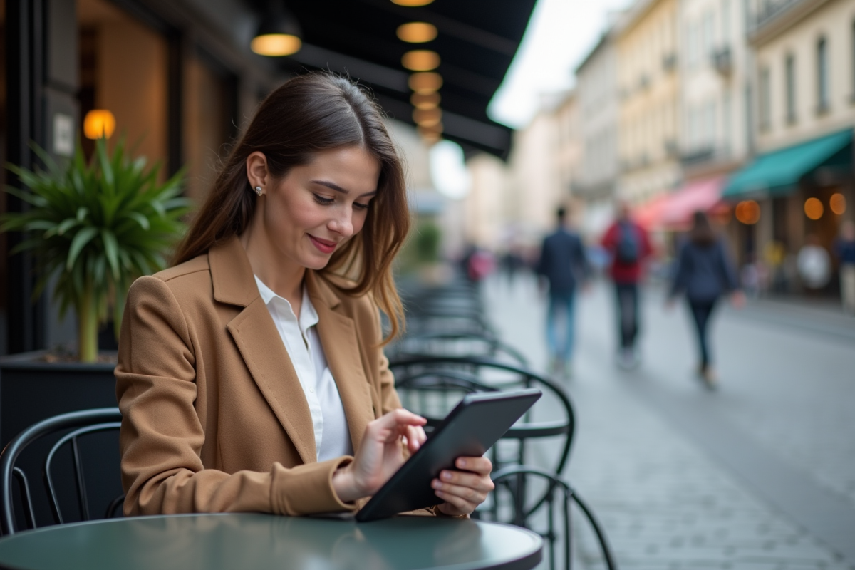 Jeune femme travaillant sur une tablette en terrasse de café