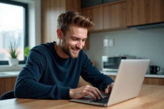 Jeune homme en sweater bleu consulte ses finances en ligne