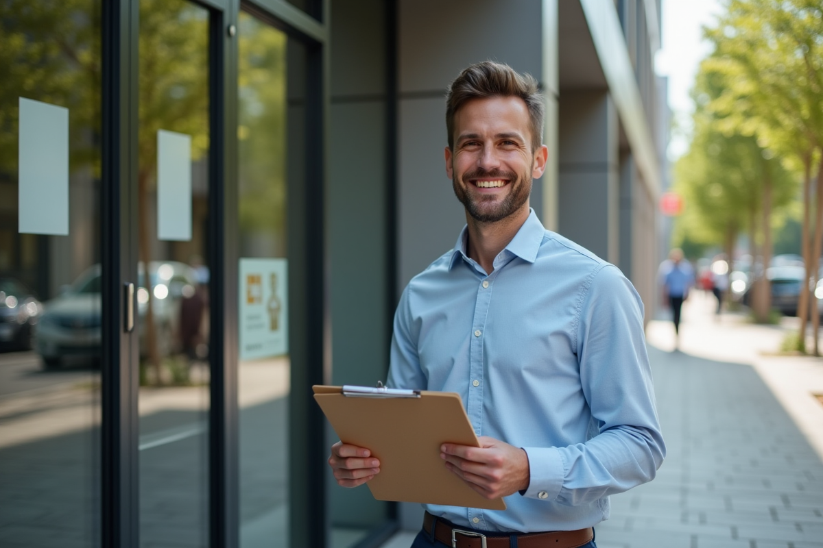 Jeune homme vérifiant des documents devant une banque urbaine