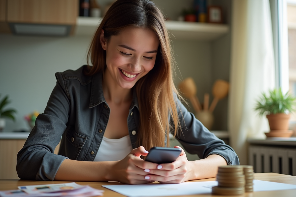 Jeune professionnel souriant vérifiant ses finances sur smartphone