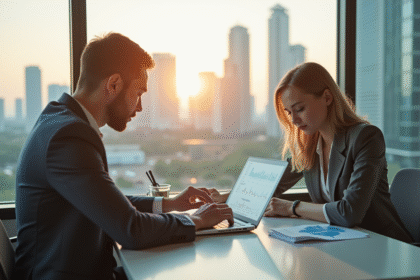 Jeune professionnel et femme analysant des graphiques financiers