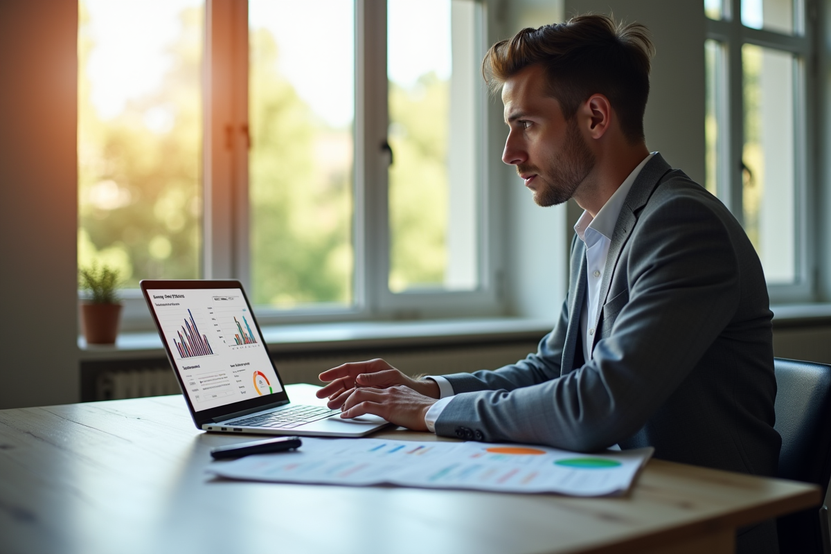 Jeune professionnel analysant des graphiques financiers au bureau