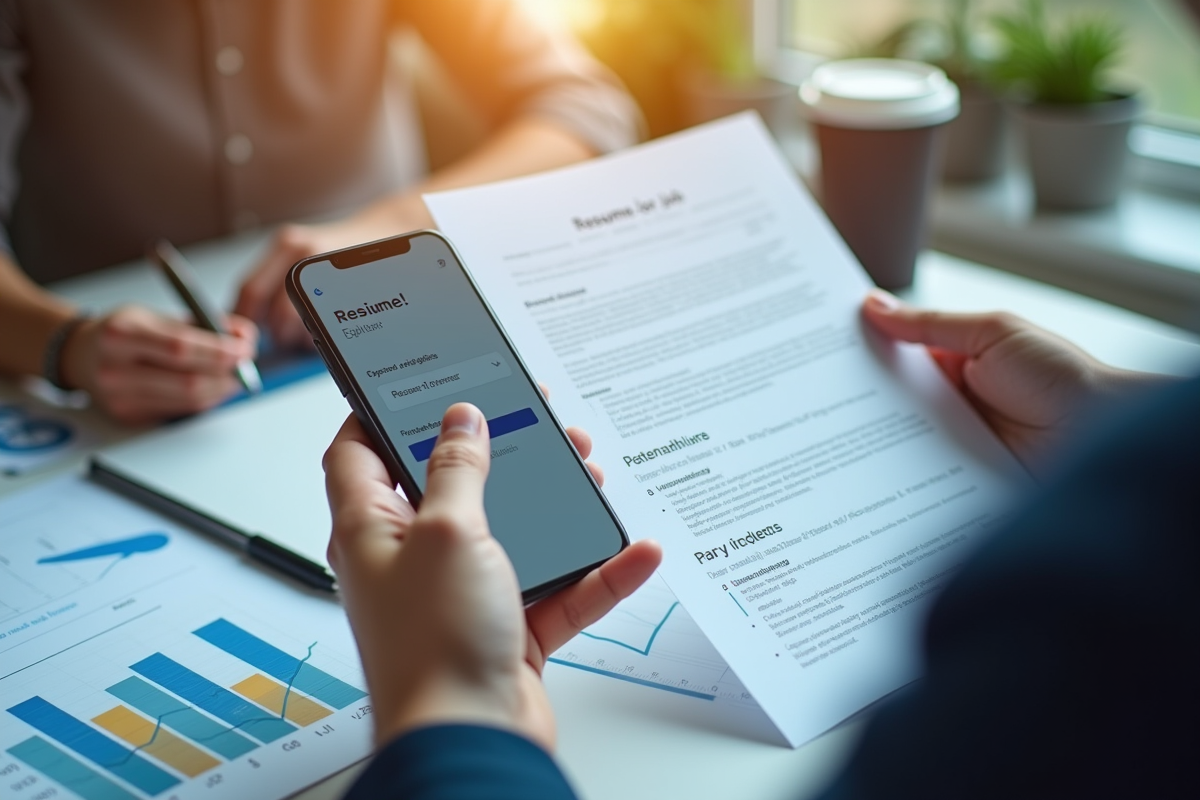 Mains tenant un CV et un smartphone avec offre d emploi