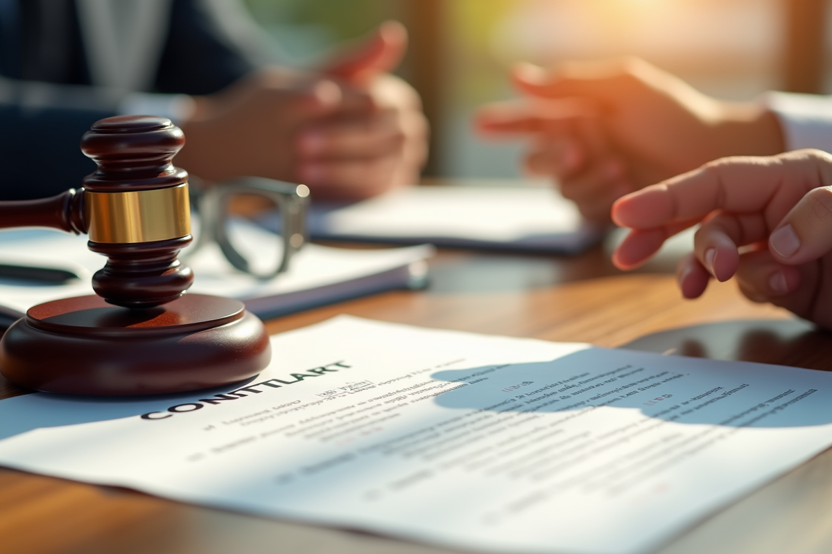 Marteau en bois et contrat avec clauses en surbrillance sur une table