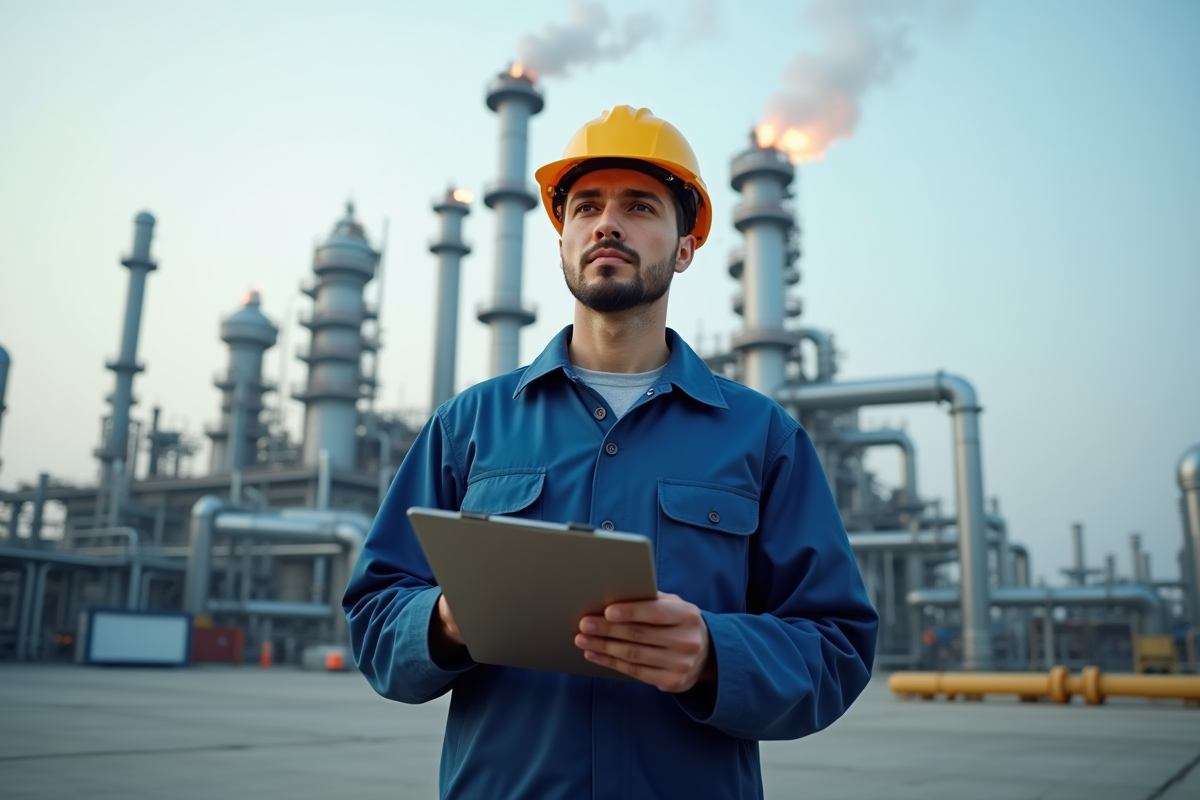 Ouvrier industriel en extérieur devant une usine pétrochimique