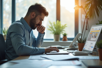 Personne au bureau avec ordinateur et papiers pour une enchere en ligne