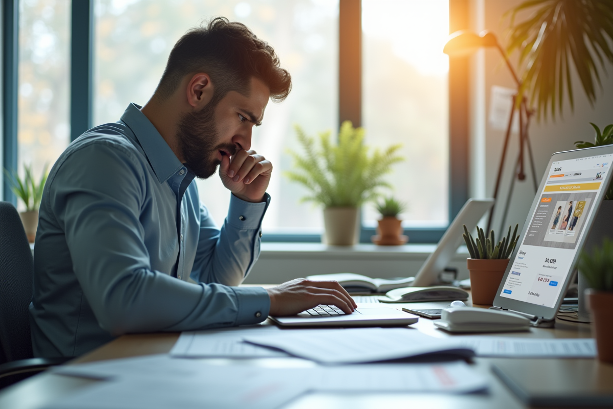 Personne au bureau avec ordinateur et papiers pour une enchere en ligne