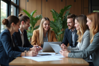 Groupe de professionnels en réunion dans un bureau moderne