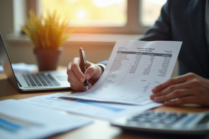 Personne tenant un relevé bancaire détaillé avec un stylo dans un bureau lumineux
