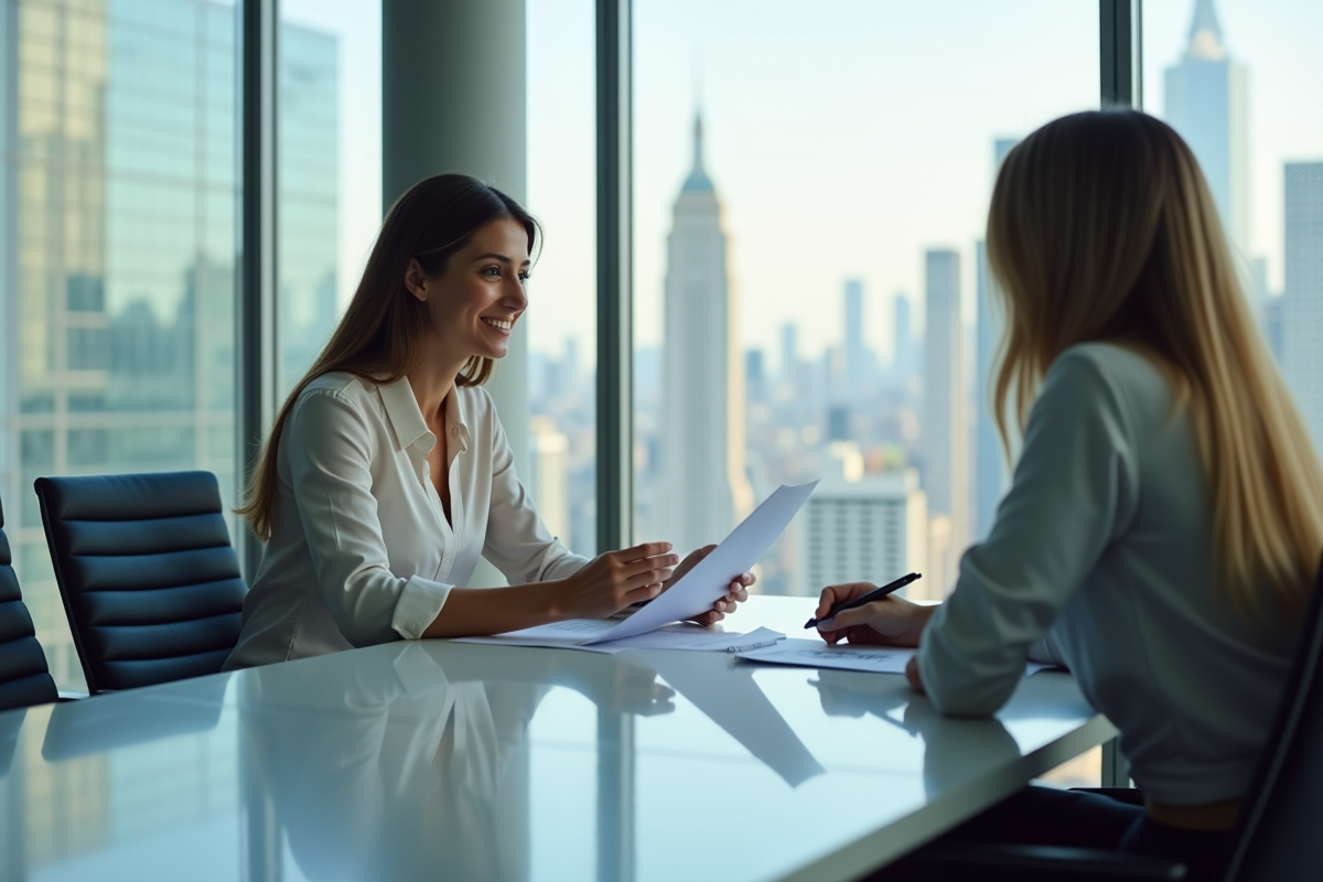 Femme en réunion avec un conseiller dans un bureau moderne